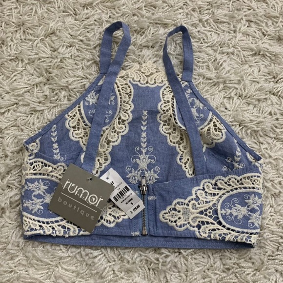 NWT LF RUMOR BOUTIQUE LACE CHAMBRAY HALTER TOP - Picture 3 of 5